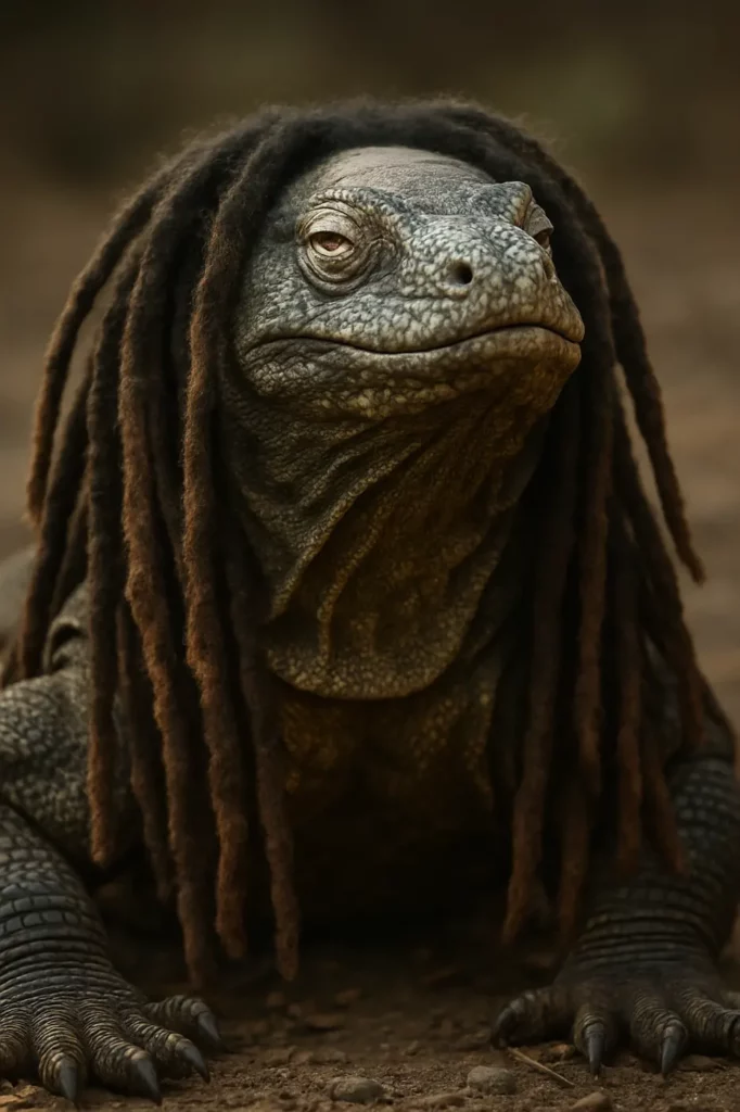 Close-up of a large lizard's scaly face and clawed feet, with long dark dreadlock-like strands draped over its head and body