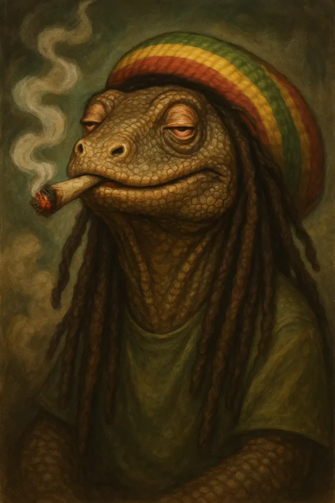 Illustrated reptile with heavy-lidded eyes, dreadlocks and a rasta-striped cap, smoking a hand-rolled cigarette