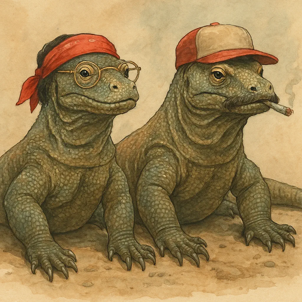 Illustration of two anthropomorphized komodo dragons wearing headwear, one in round glasses and a bandana, the other smoking a cigarette