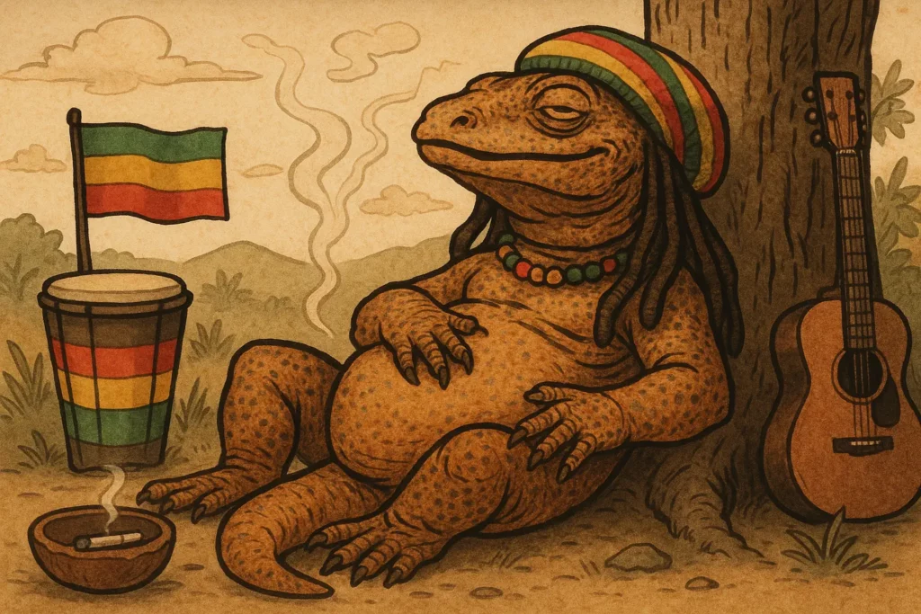 Illustration of a heavy-lidded lizard wearing a striped knit hat and beaded necklace, leaning against a tree beside a guitar and flag