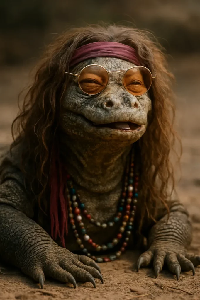 Digitally altered image of a lizard's head with human-like hair, a headband, round tinted glasses and beaded necklaces