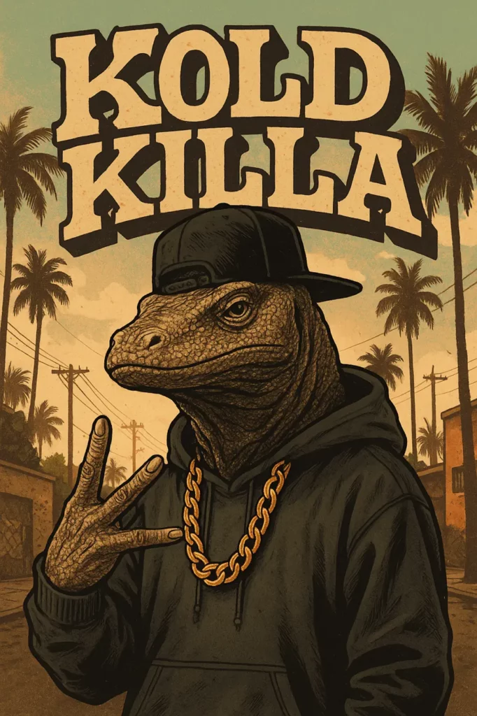 Illustrated poster of a lizard-headed figure wearing a backwards cap, hoodie and gold chain, making a peace sign, with 'Kold Killa' text above palm trees