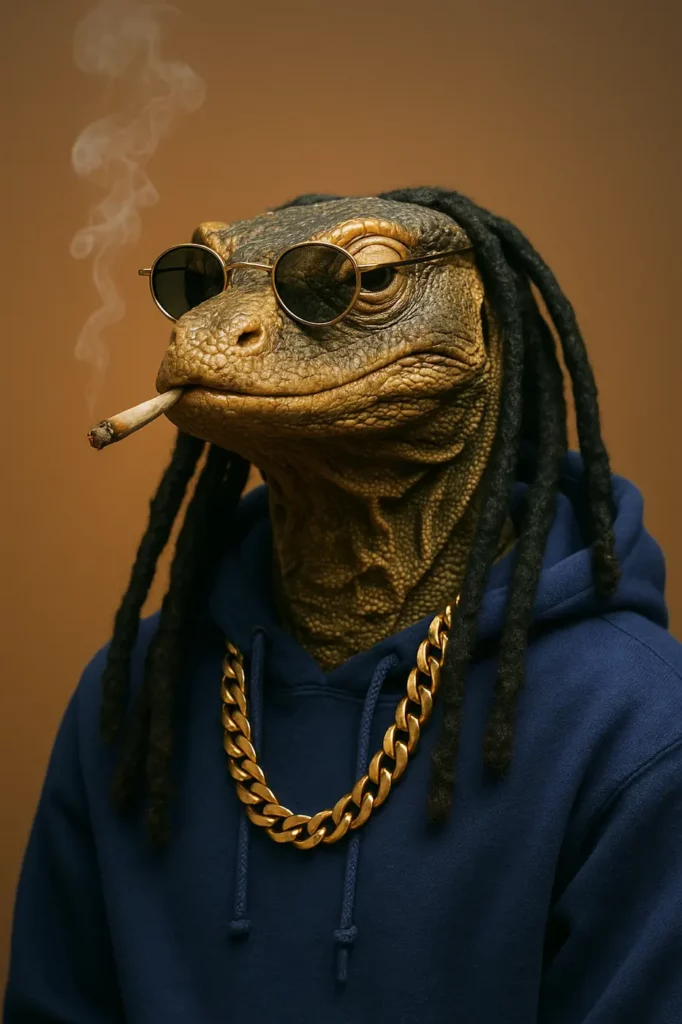 Digitally edited portrait of a reptilian head with dreadlocks, sunglasses and a lit cigarette, wearing a hoodie and gold chain