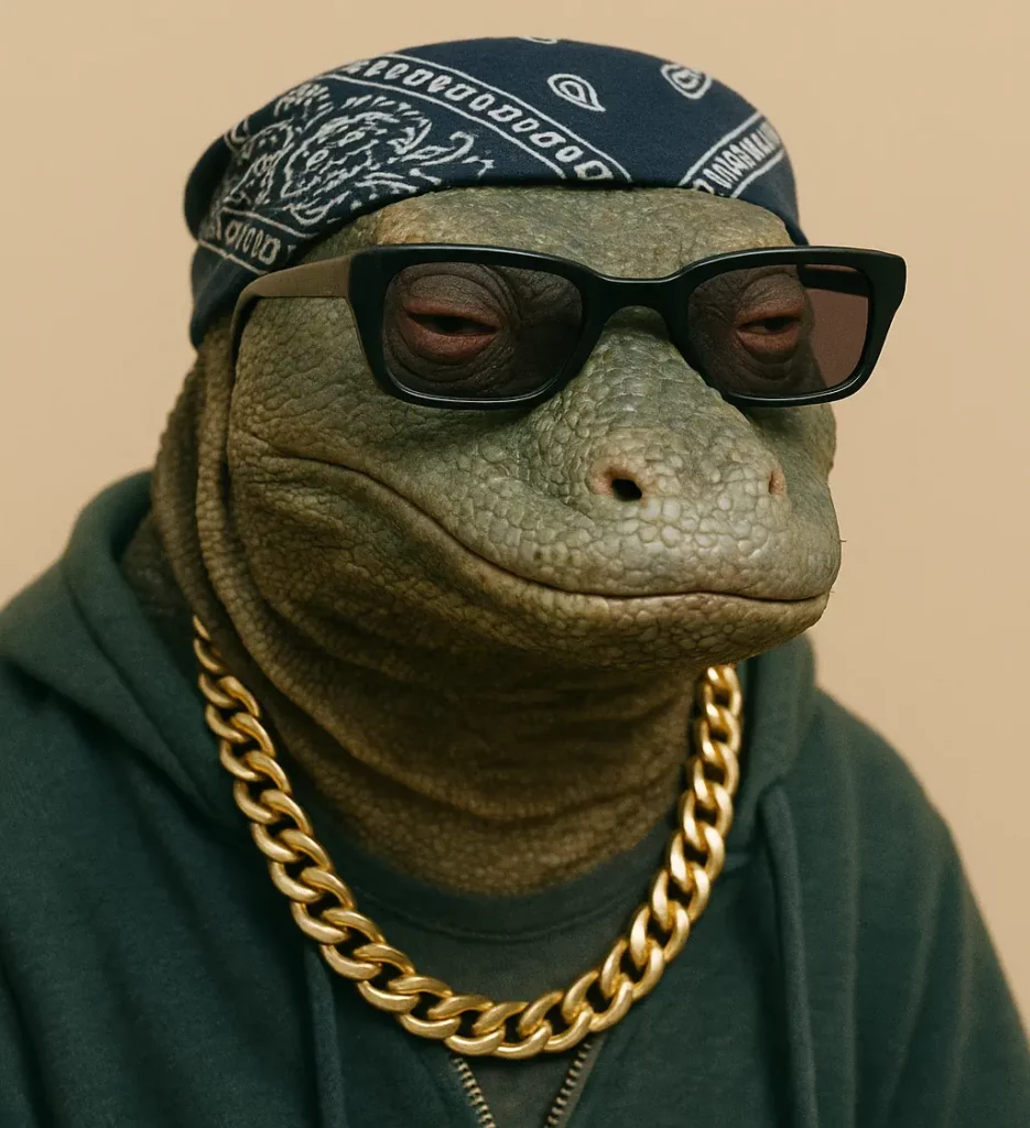Digitally edited image of a reptile's head with heavy-lidded eyes wearing sunglasses, a bandana, gold chain, and hoodie