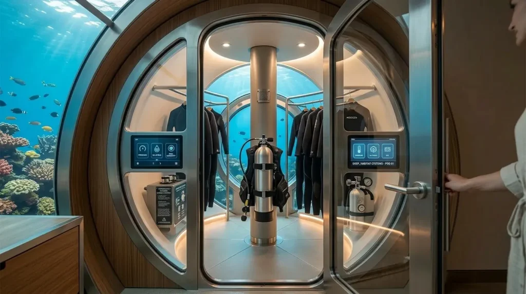 Underwater room with a circular dive gear closet, wetsuits, an oxygen tank, and control panels, framed by a glass door and coral reef view