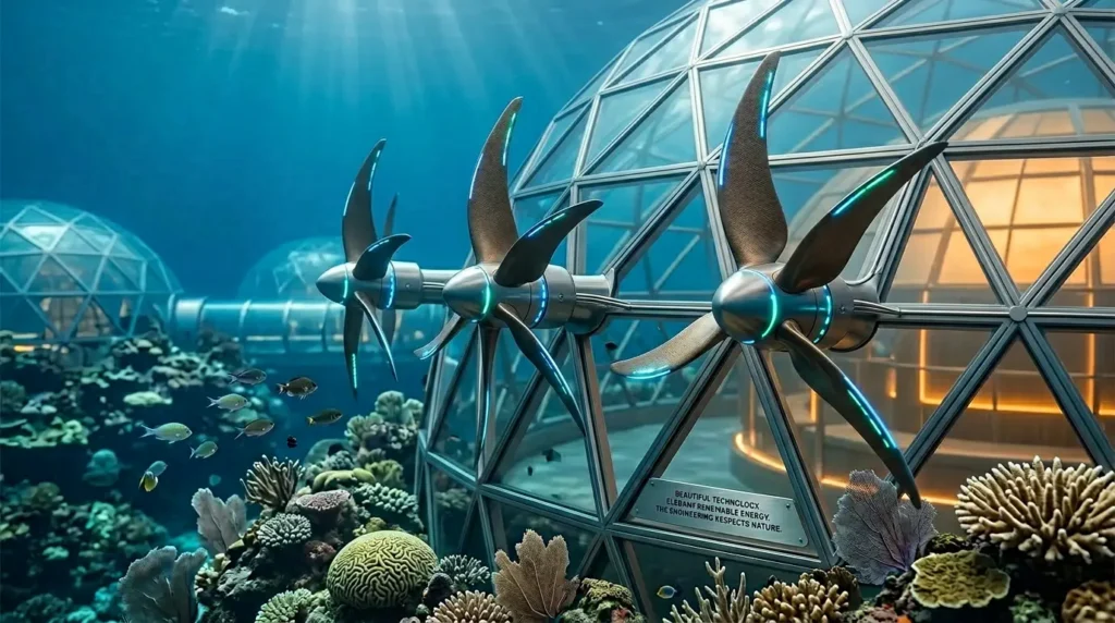 Underwater geodesic dome structures with large turbine-like propellers, surrounded by coral reef and small fish