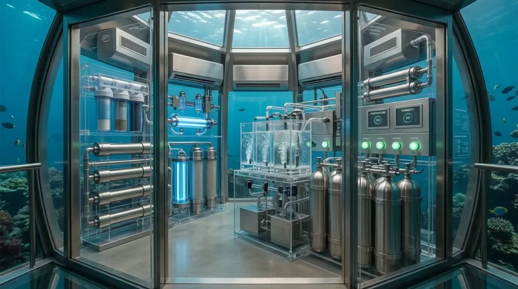 Interior room with glass walls showing ocean and fish outside, filled with metal cylinders, tubing and filtration equipment