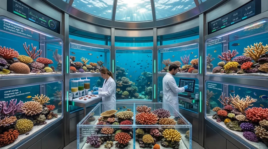 Two scientists in lab coats examine coral samples inside an underwater research facility surrounded by tanks of colorful coral and a domed ocean view