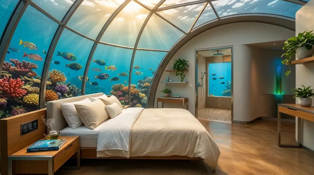 Bedroom with a curved glass ceiling and wall revealing coral reef and fish, bed in foreground and glimpse of a shower beyond