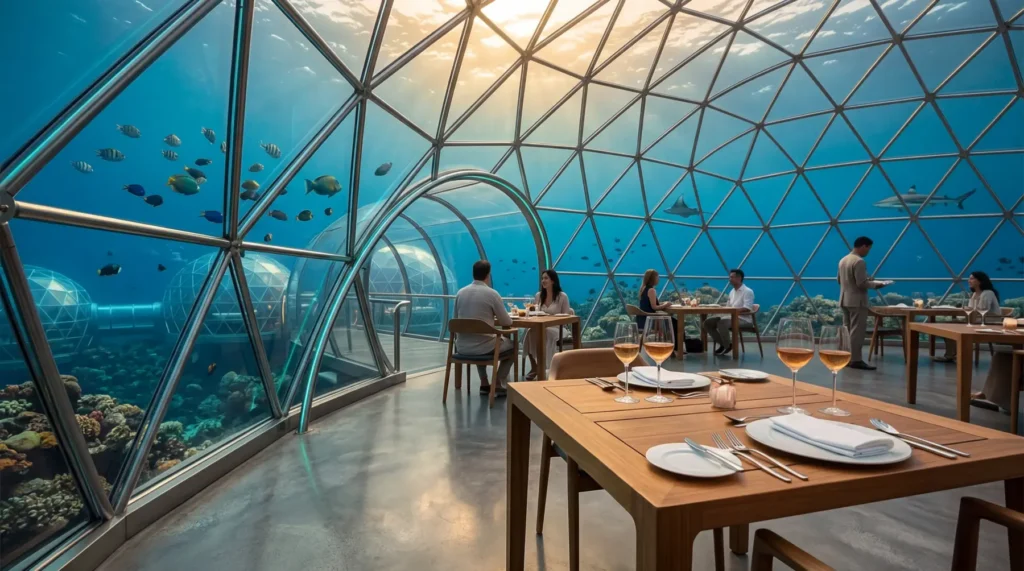 Diners sit at tables inside a geodesic glass dome restaurant with panoramic underwater views of fish and a shark outside