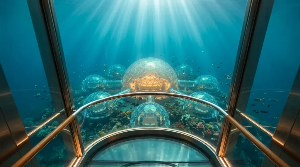 View from an underwater viewing chamber through a curved window toward illuminated geodesic domes surrounded by coral and fish