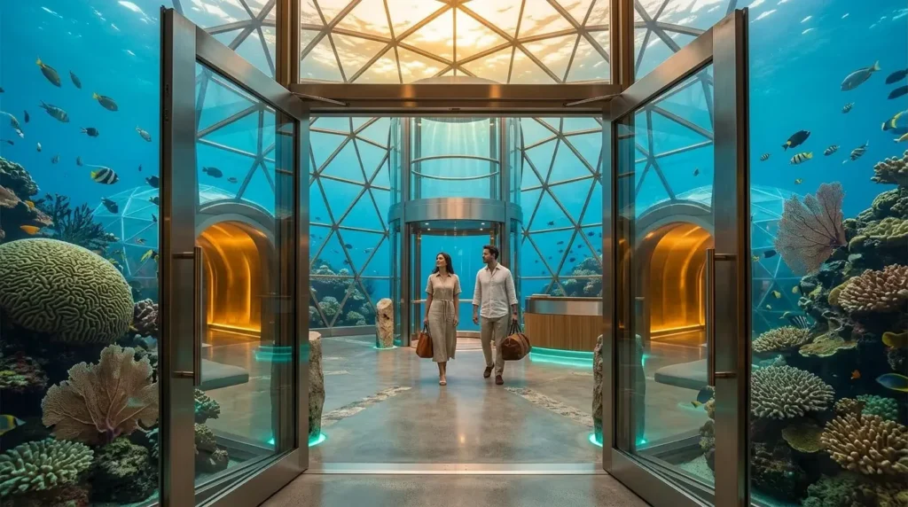 Two guests walk through open glass doors into a geodesic underwater structure surrounded by coral reef and fish