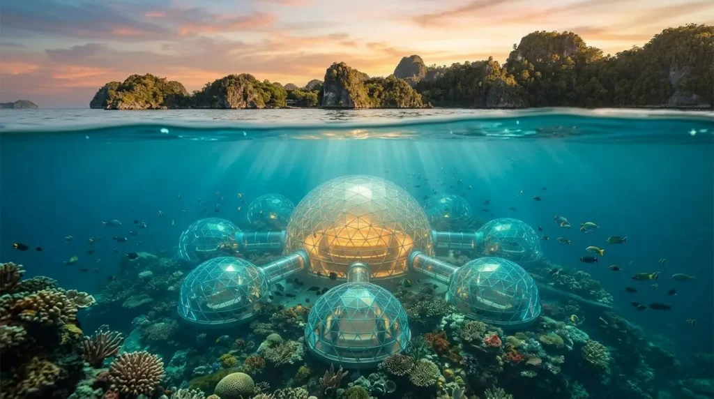 Split-level view of interconnected geodesic domes on a coral reef underwater, with limestone islands and sunset sky above the waterline