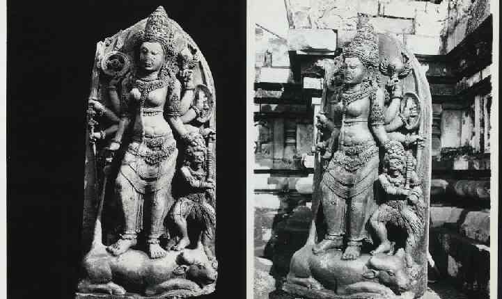 Two side-by-side photographs of a multi-armed stone goddess statue standing on a buffalo, with a small figure beside her legs