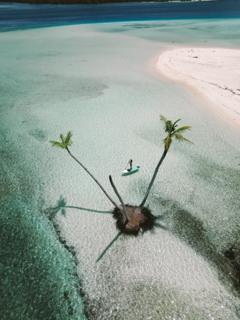 Palm islet in shallow turquoise water near Awera, from above