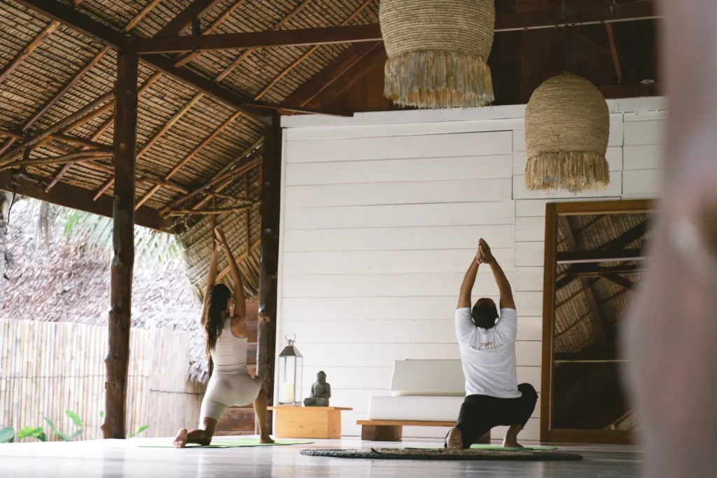 Yoga class in the open-air pavilion at Awera Resort