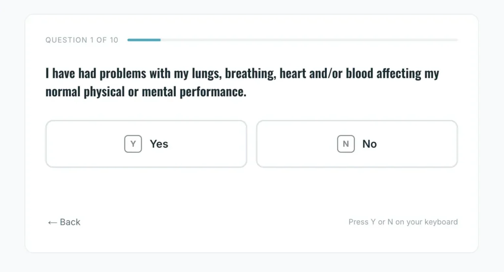 Screenshot of a digital medical questionnaire showing question 1 of 10 with Yes or No answer buttons