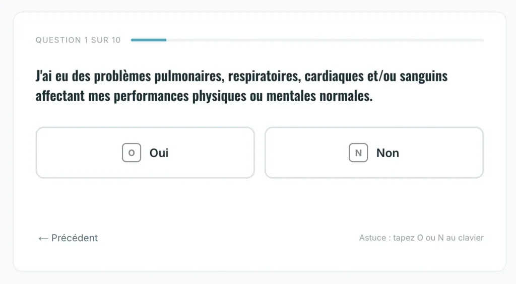 Capture d'écran d'un questionnaire médical en ligne, question 1 sur 10, avec choix de réponse Oui ou Non