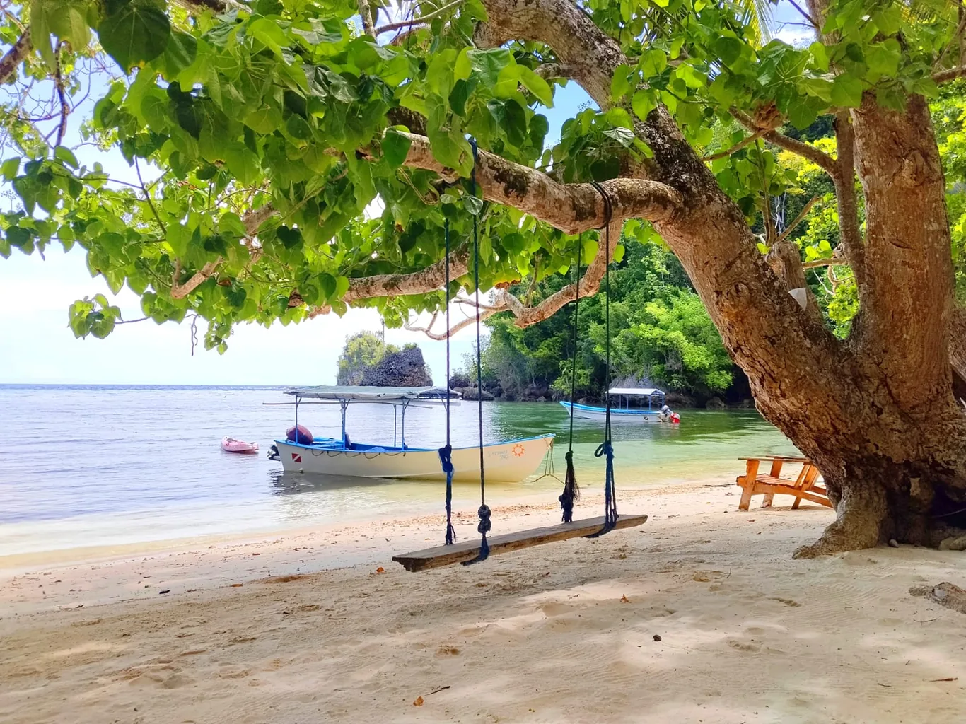 A wooden swing hangs from a tree branch on a sandy beach, with boats anchored in shallow turquoise water beyond