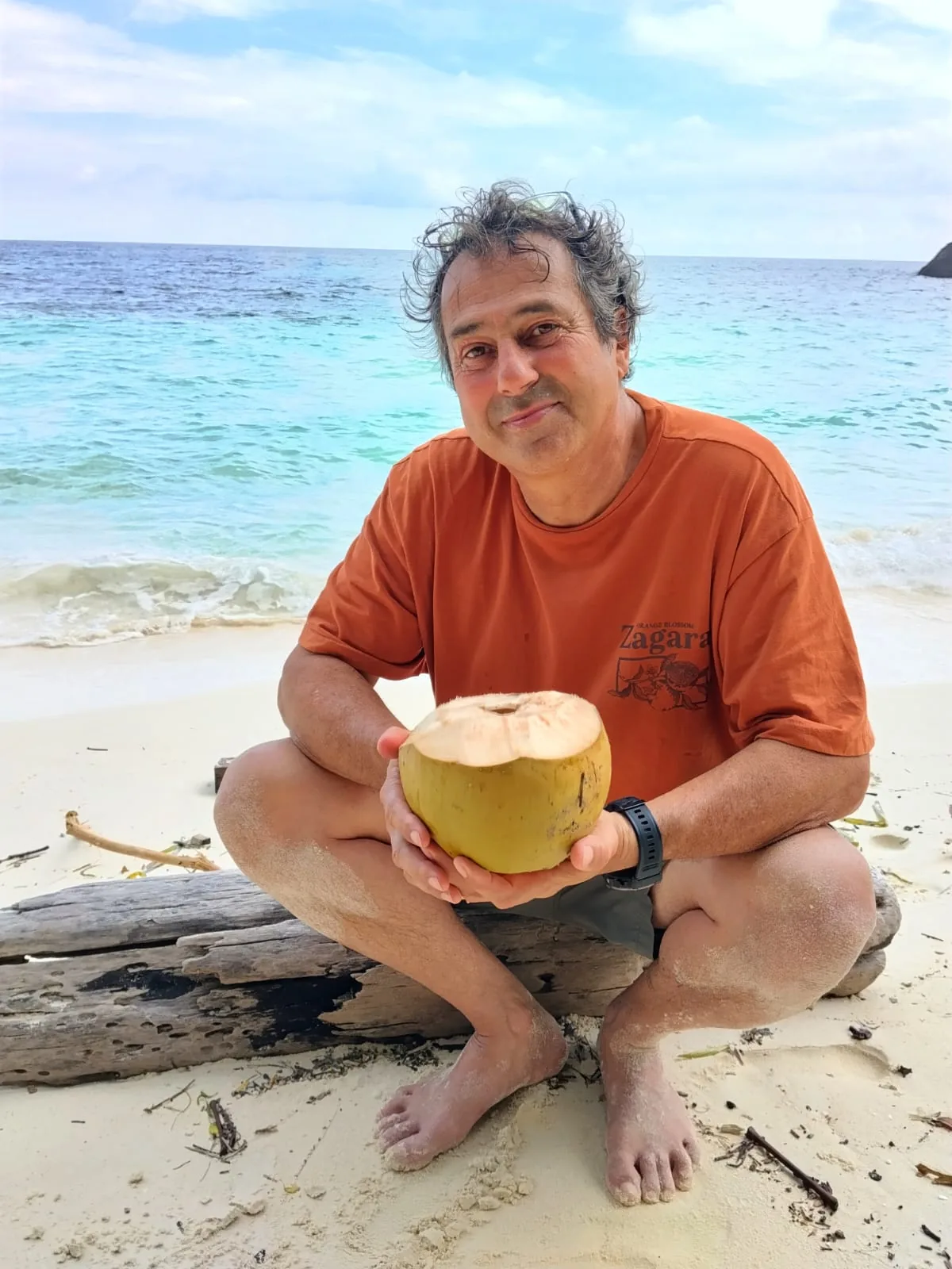 A man sits on driftwood at a beach holding a young coconut, turquoise water and sky visible behind him