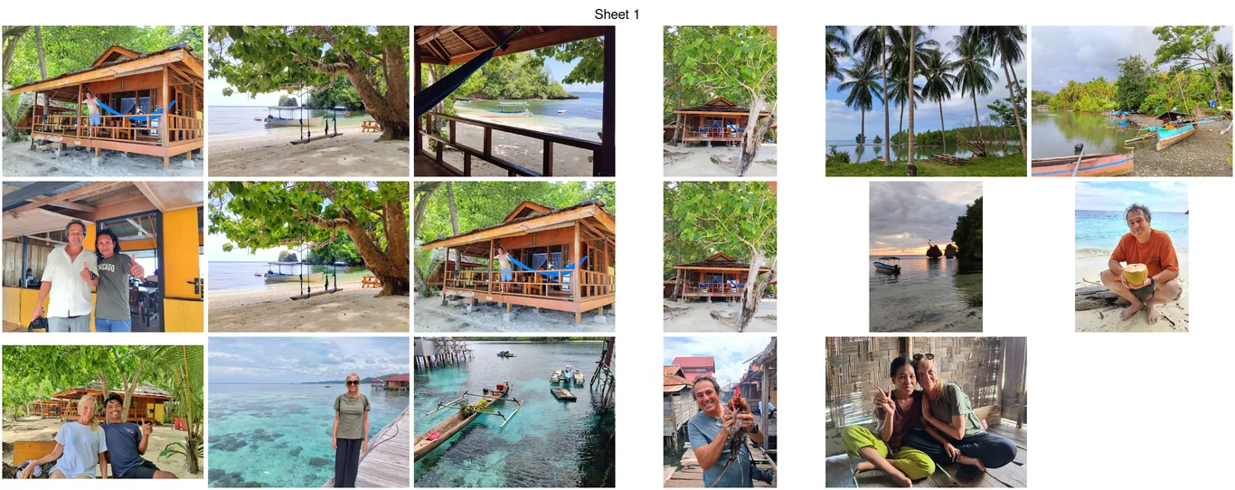 Grid of travel photos showing wooden beach cottages, palm trees, outrigger boats, clear water, and guests posing on a dock and shore