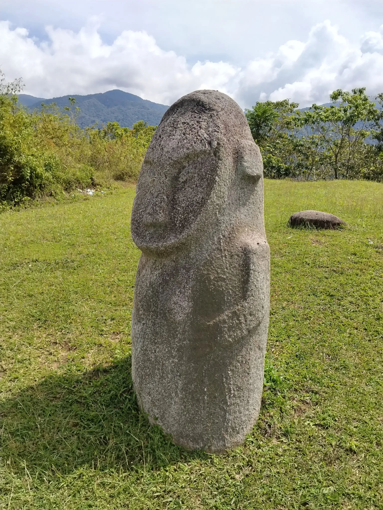 A weathered stone megalith with carved facial features stands in a grassy field, mountains and forest in the background