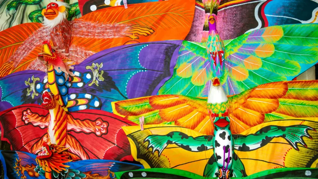 Colorful bird-shaped kites with painted wings and feather details clustered together, showing intricate patterns in orange, purple, green and red