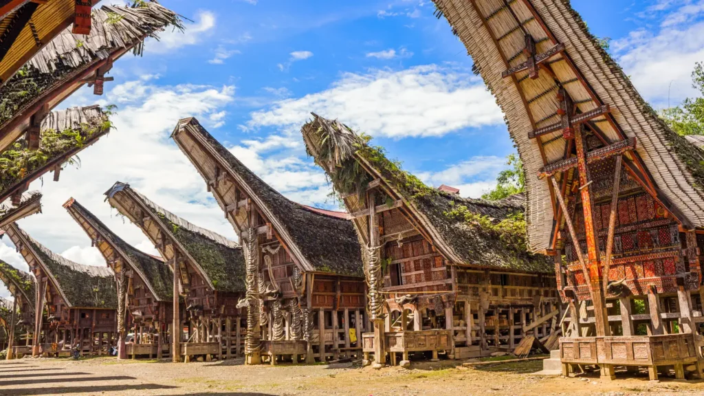 Row of traditional houses with distinctive curved, boat-shaped roofs and carved wooden facades under a blue sky with clouds