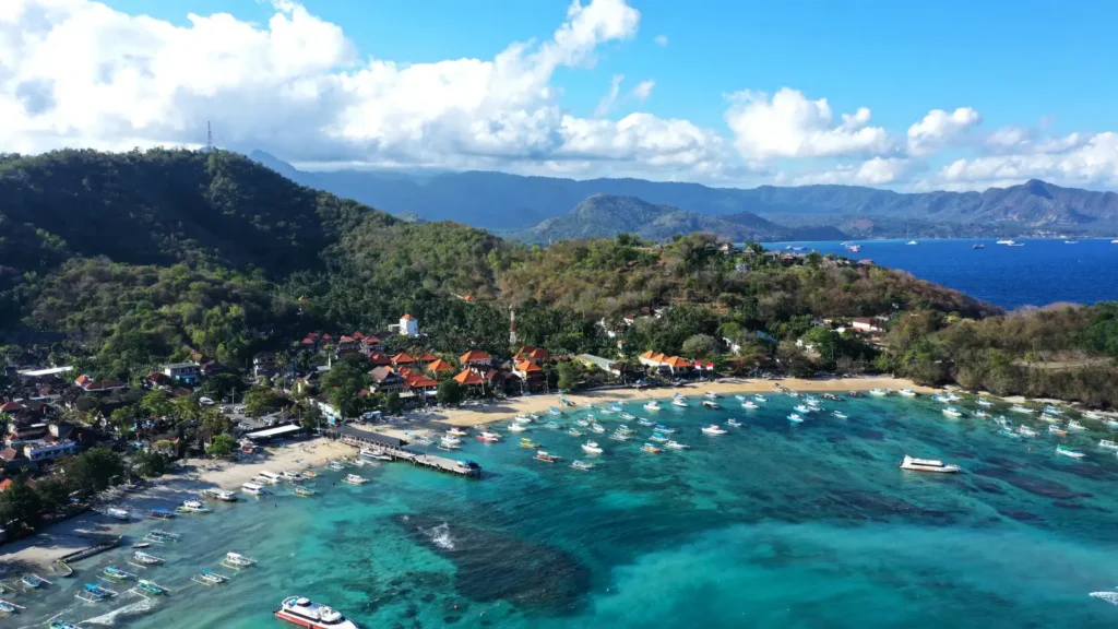Blue Lagoon dive site at Padangbai in east Bali seen from the shore