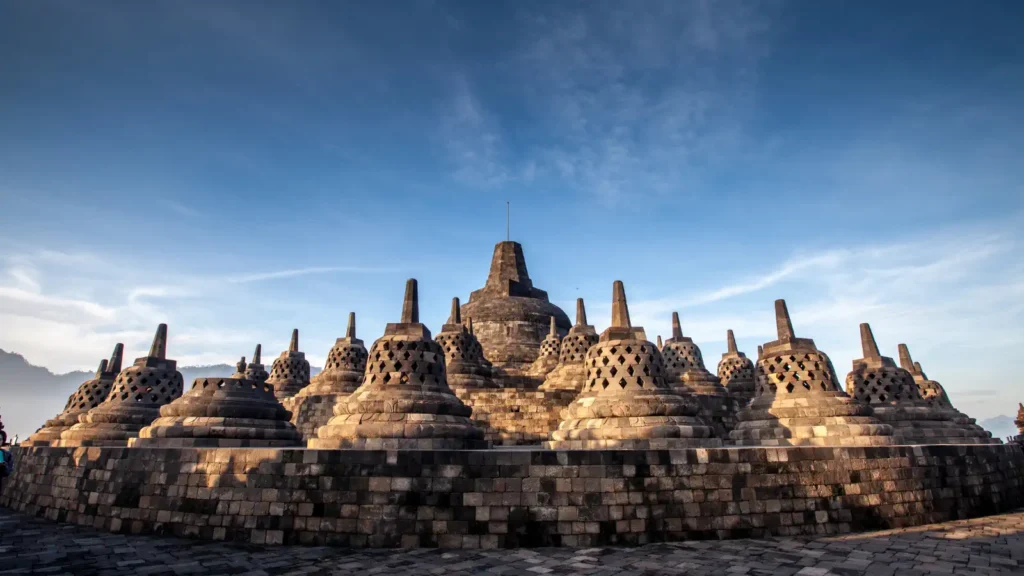 The bell-shaped stupas on the upper terraces of Borobudur in Java