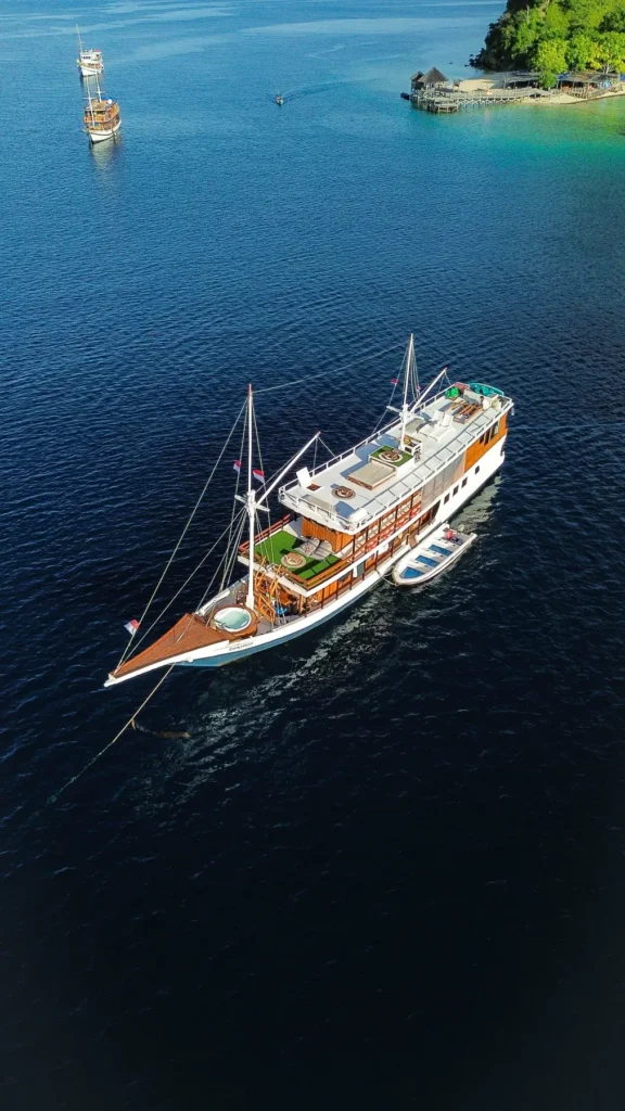 Aerial view of Dinara moored near the shore in Komodo
