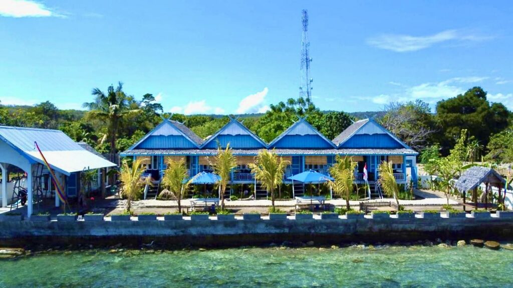 Moyo Island Resort beachfront bungalows on the water, Sumbawa