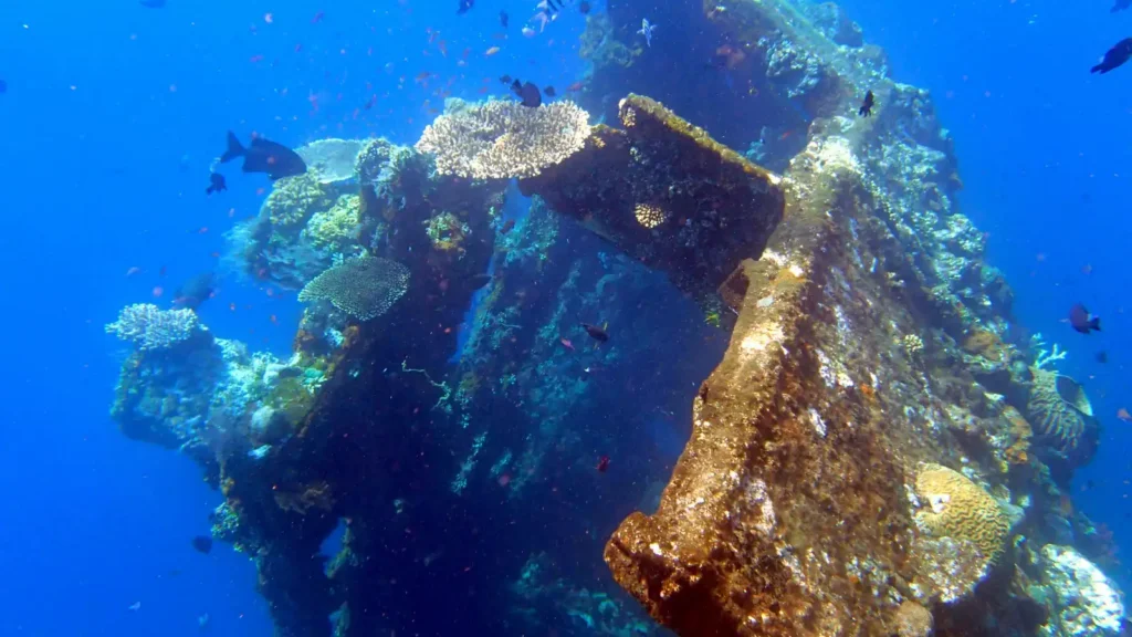 Divers over the USAT Liberty shipwreck at Tulamben, Bali