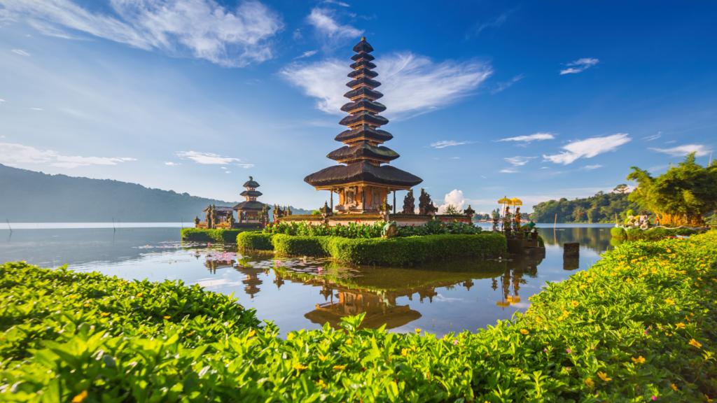 The tiered shrine of Pura Ulun Danu Bratan standing on its lake in Bali