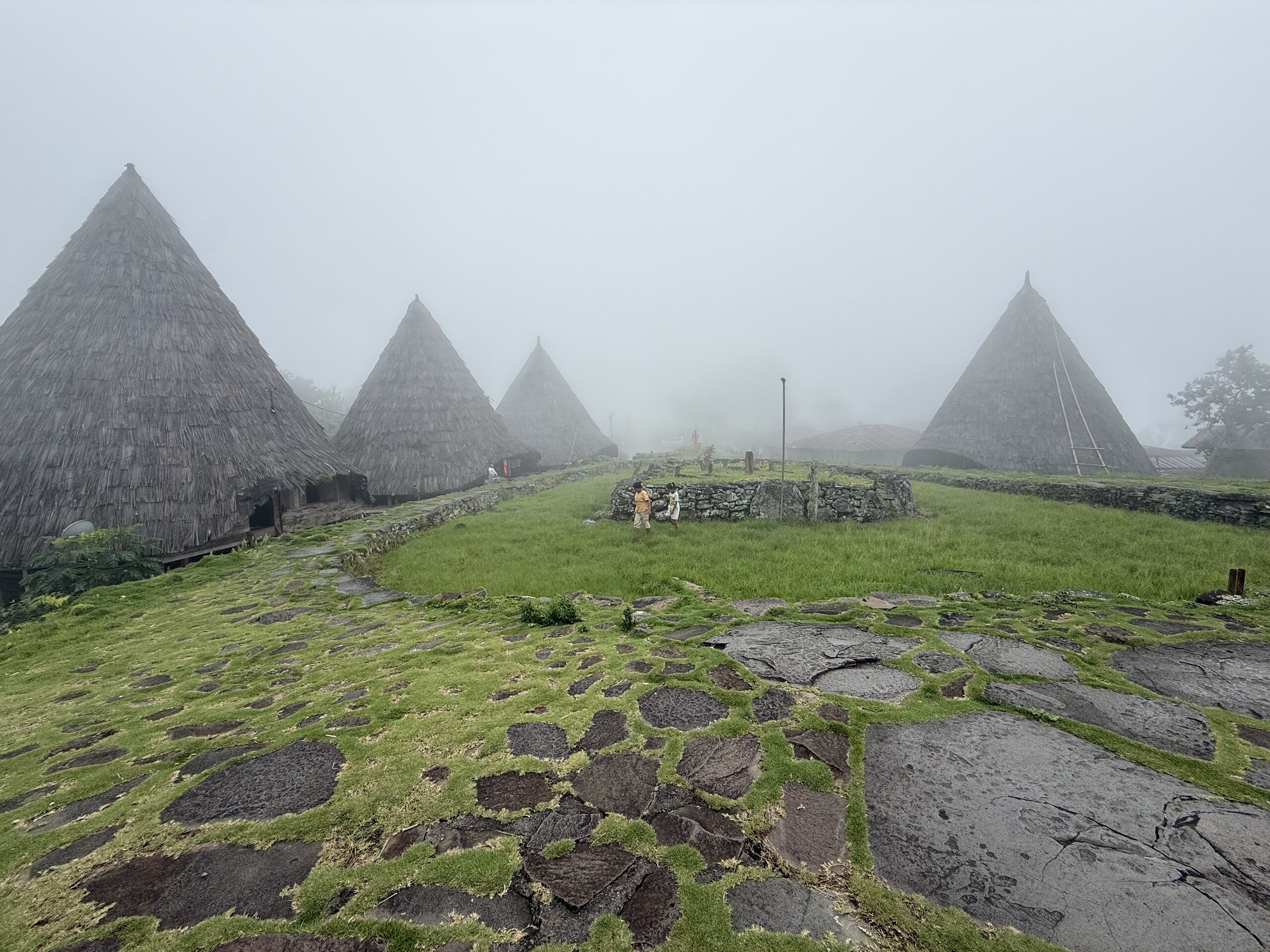Conical thatched Manggarai houses on a stone terrace in thick mist at Compang Todo