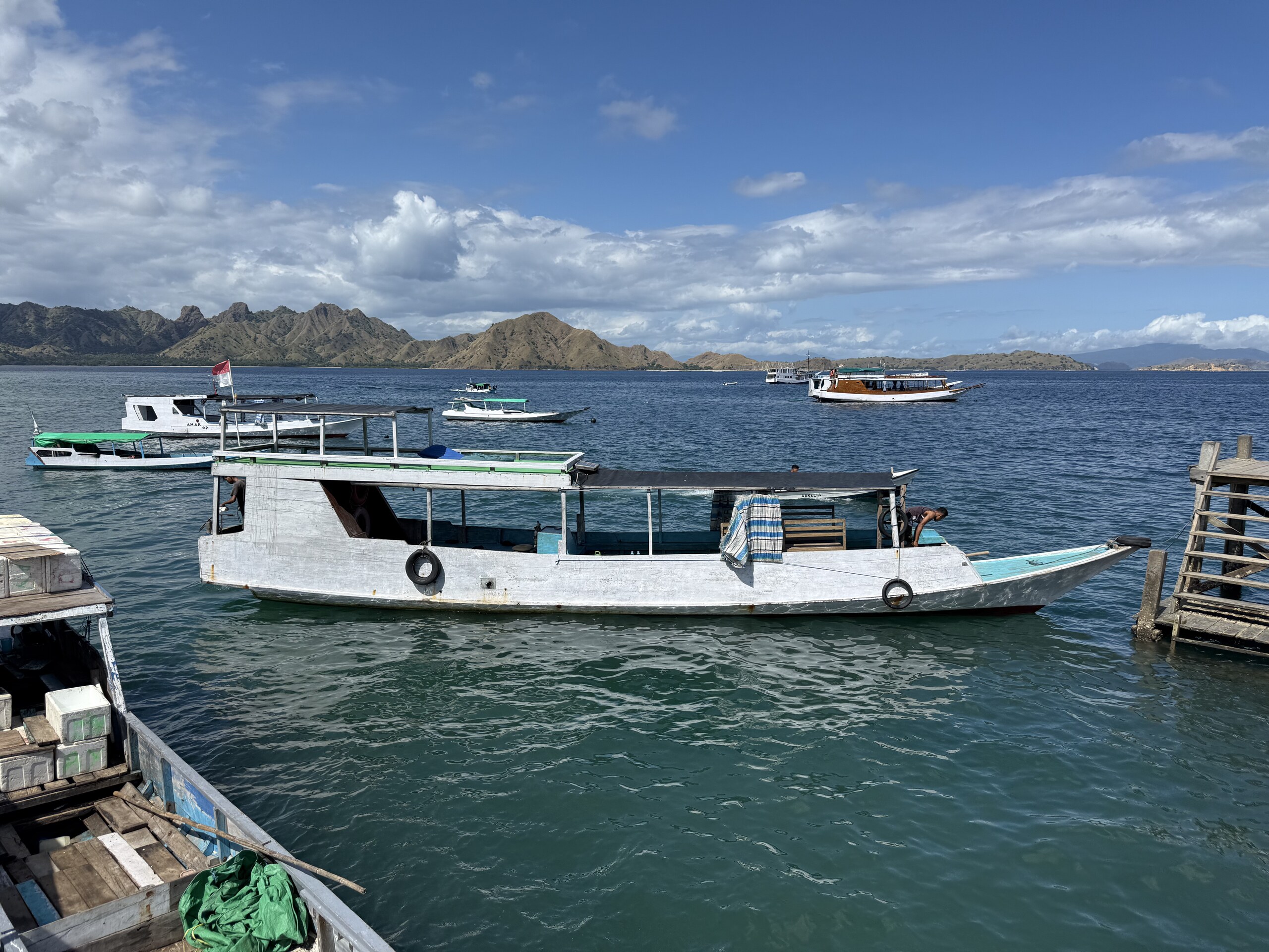 Day boats and liveaboards at anchor off Labuan Bajo