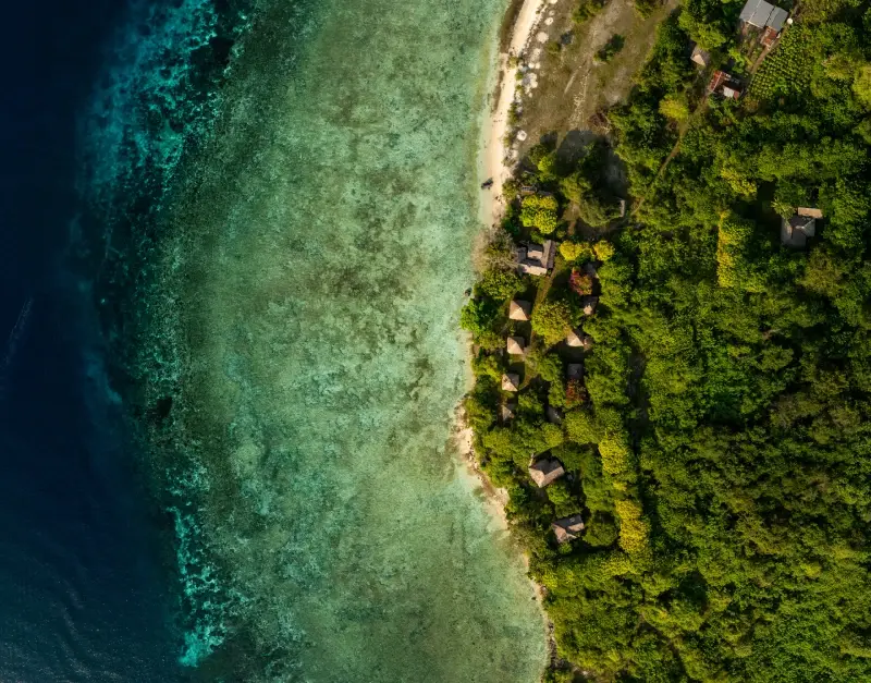 Looking straight down on the reef edge and the forested shore of Kepa island