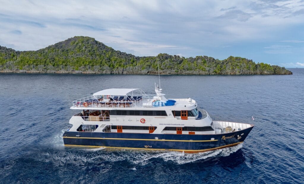 Aerial view of the Mermaid I liveaboard cruising past a forested island