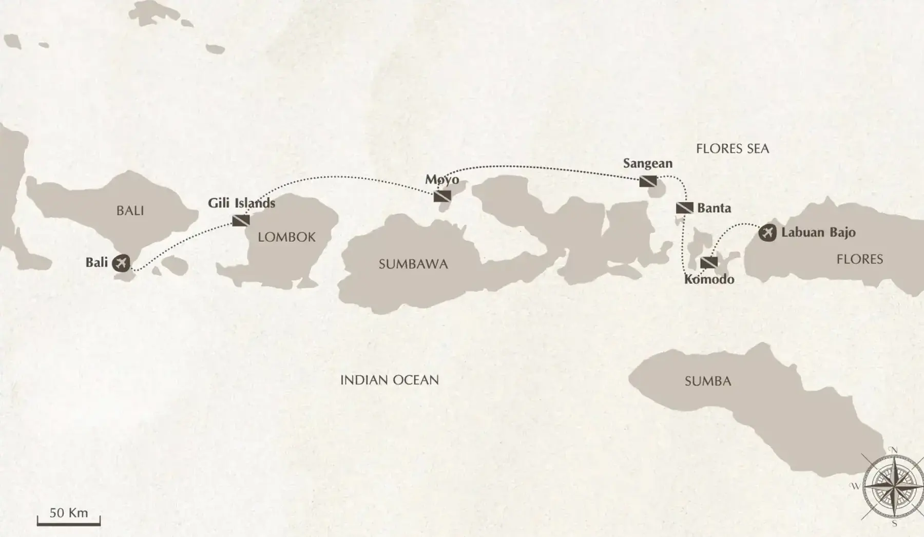 Dive map from Labuan Bajo to Bali via Komodo, Banta, Sangean, Moyo and the Gilis