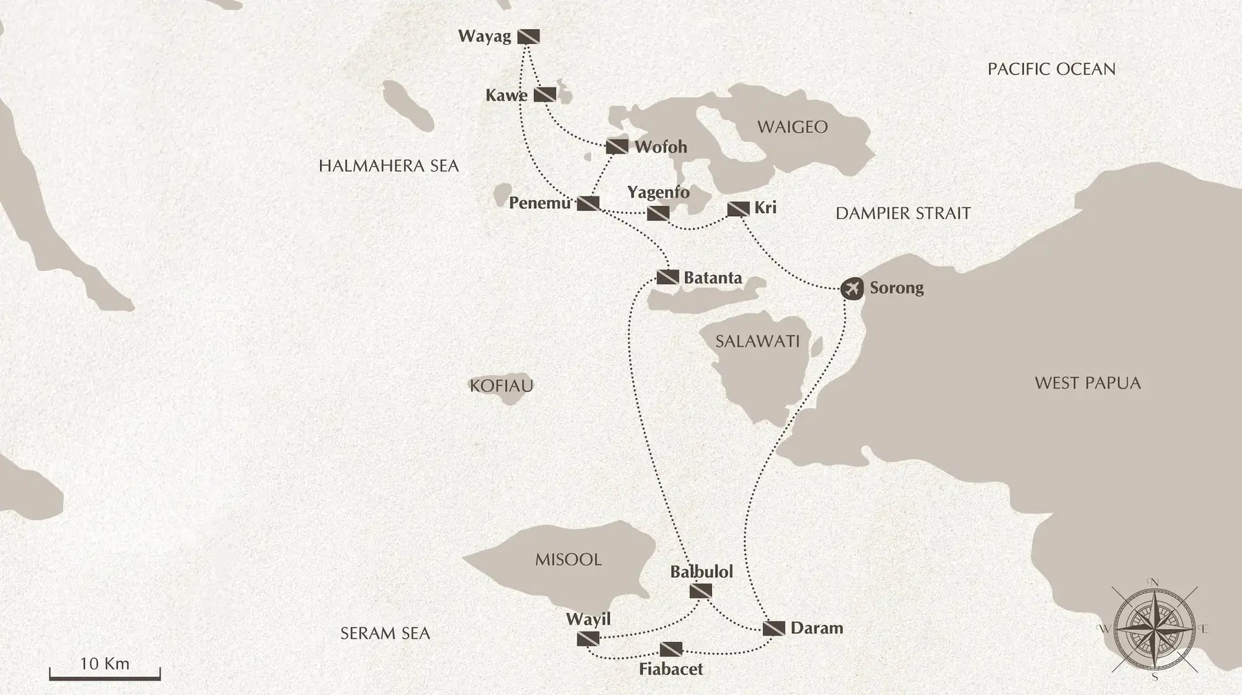 Dive map of the Raja Ampat Ultimate 11-night route from Sorong