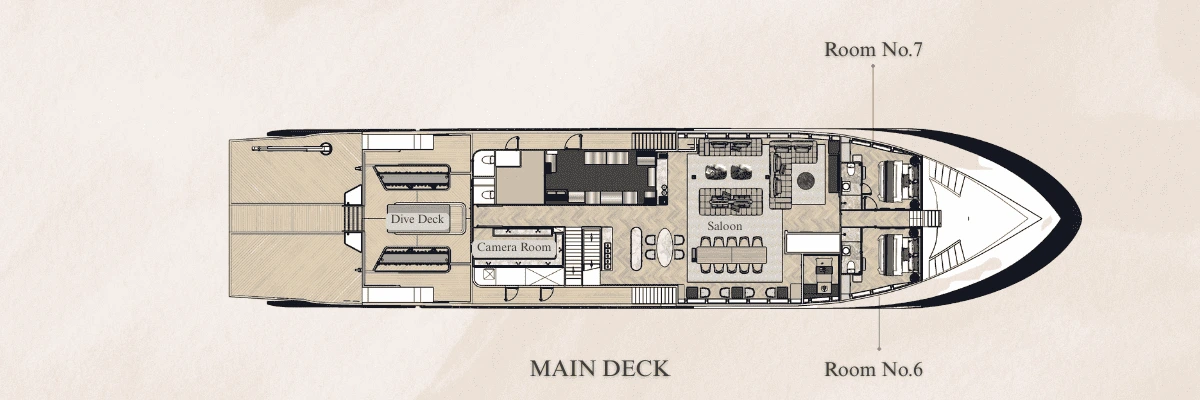 Aruna Odyssey main deck plan with Master Suites 6 and 7, saloon and dive deck