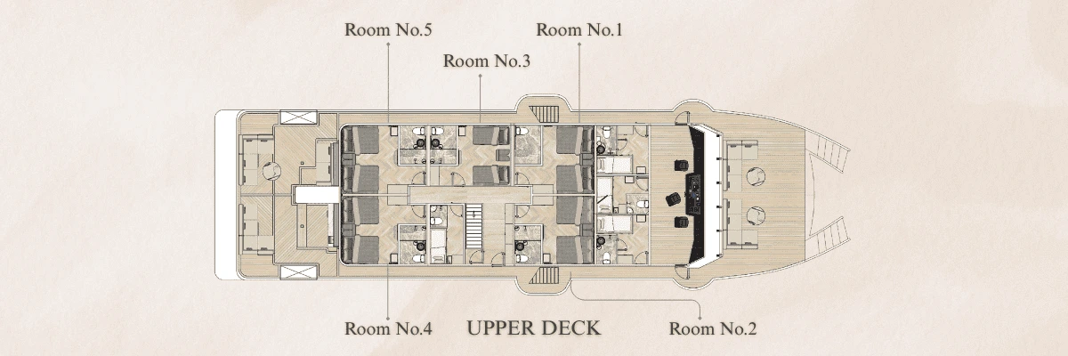 Aruna Odyssey upper deck plan with cabins 1 to 5