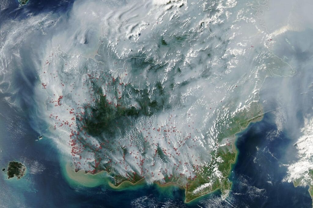 NASA satellite image of Borneo on 1 September 2026, fire detections marked in red