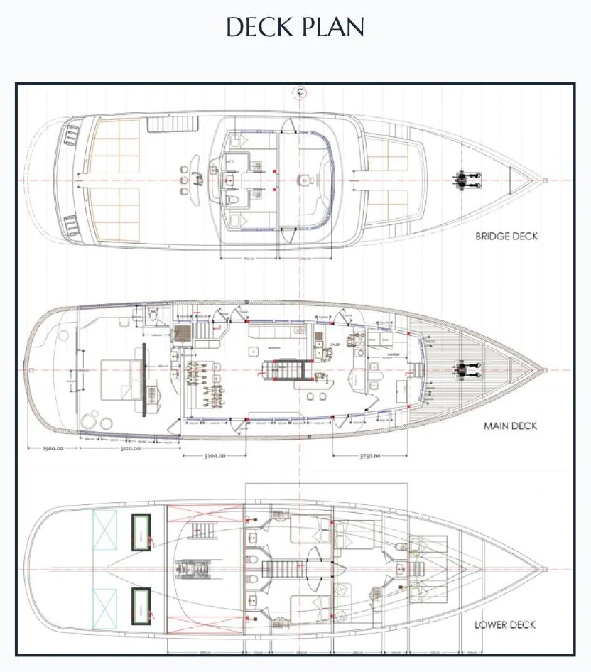 Deck plan of the Magia II yacht: upper deck, main deck with the master suite aft, lower deck with the VIP and guest suites