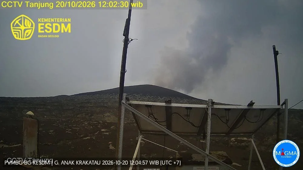 CCTV view of Anak Krakatau with an ash plume rising from the summit, 20 October 2026