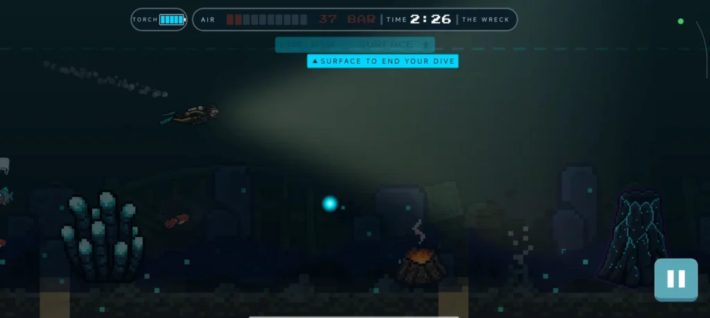 Flappy Diver gameplay in the abyss: Bob lights the dark with his torch beam