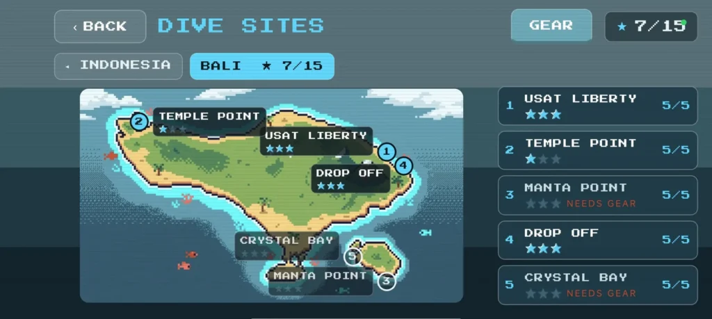 Flappy Diver Bali map with five dive sites: USAT Liberty, Temple Point, Manta Point, Drop Off and Crystal Bay