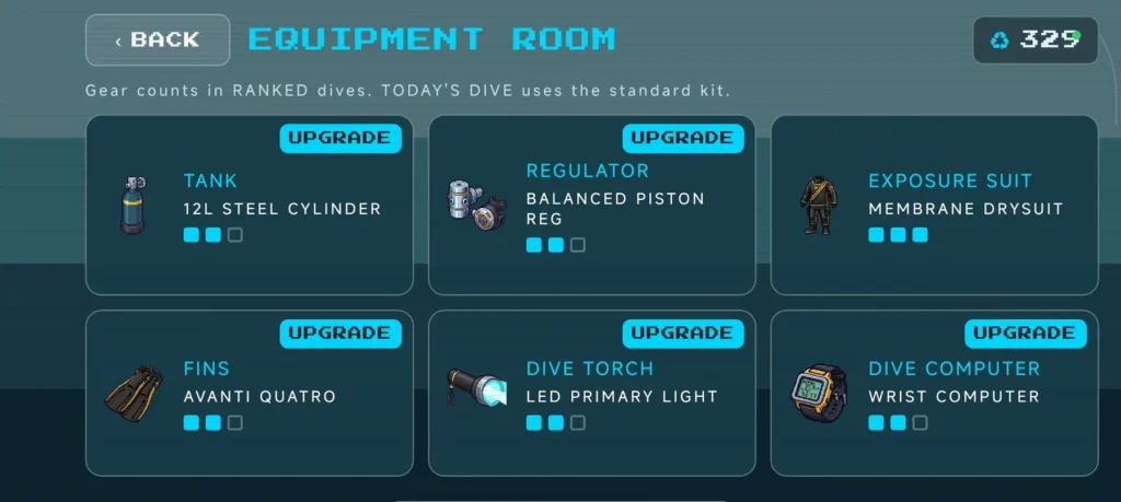 Flappy Diver equipment room with six gear slots: tank, regulator, exposure suit, fins, dive torch and dive computer