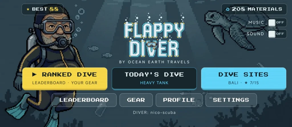 Flappy Diver main menu with Ranked Dive, Today's Dive and Dive Sites buttons