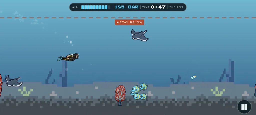 Flappy Diver gameplay on the reef: Bob swims past a manta ray with his air gauge at the top